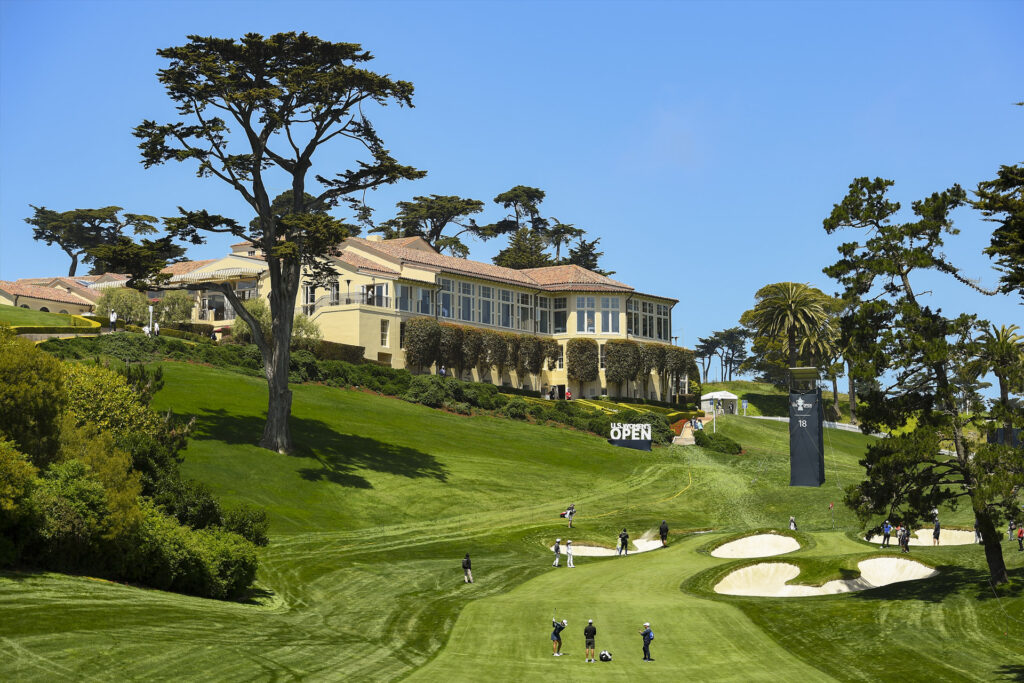 A group of players on the 18th hole during a practice round at the 2021 U.S. Women's Open at The Olympic Club in San Francisco, Calif. on Monday, May 31, 2021. (Robert Beck/USGA)