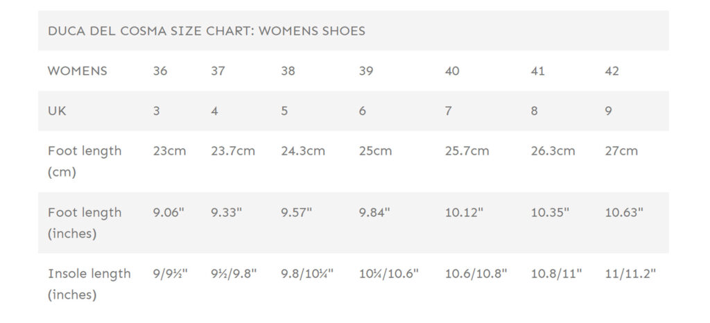 Duca del Cosma Size Guide