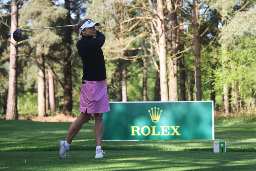 WOBURN, ENGLAND - MAY 10: Erika Malmberg of Sweden plays the opening tee shot on the first hole during Day One of The G4D Open on the Duchess course at Woburn Golf Club on May 10, 2023 in Woburn, England. (Photo by Matthew Lewis/R&A/R&A via Getty Images)