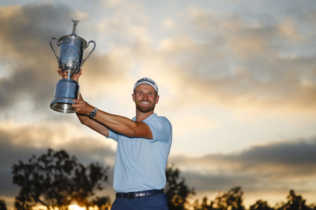 Wyndham Clark poses with the trophy after his one-stroke victory at the 2023 U.S. Open at The Los Angeles Country Club in Los Angeles, Calif. on Sunday, June 18, 2023. (James Gilbert/USGA)