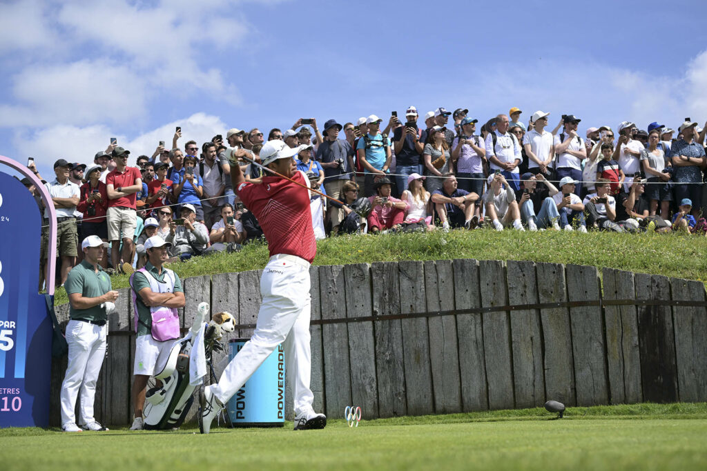 SAINT-QUENTIN-EN-YVELINES, FRANCE - AUGUST 04: Hideki Matsuyama of Team Japan tees off on the third hole during the final round of the 2024 Paris Olympics at Le Golf National on August 4, 2024 in Saint-Quentin-en-Yvelines, Ile-de-France. (Photo by Chris Condon/PGA TOUR/IGF)