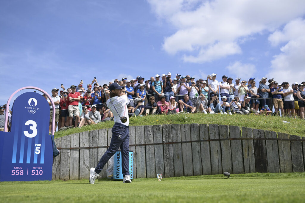 SAINT-QUENTIN-EN-YVELINES, FRANCE - AUGUST 04: Tommy Fleetwood of Team Great Britain tees off on the third hole during the final round of the 2024 Paris Olympics at Le Golf National on August 4, 2024 in Saint-Quentin-en-Yvelines, Ile-de-France. (Photo by Chris Condon/PGA TOUR/IGF)