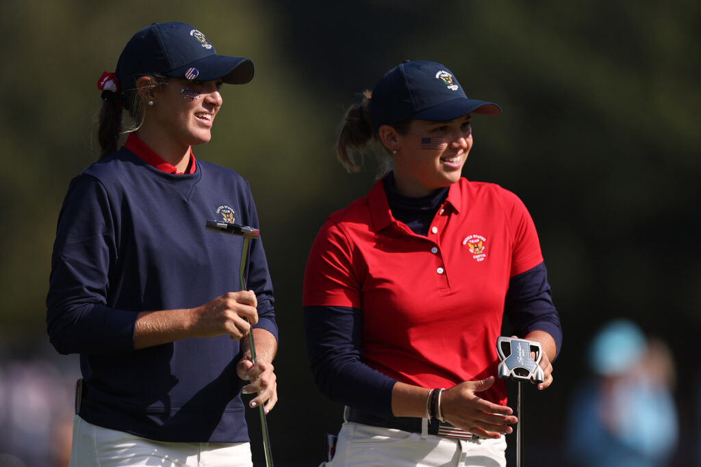 SUNNINGDALE, ENGLAND - AUGUST 30: Rachel Kuehn & Melanie Green of USA react during the Friday Foursomes on Match Day One of the Curtis Cup at Sunningdale Golf Club on August 30, 2024 in Sunningdale, England. (Photo by Oisin Keniry/R&A/R&A via Getty Images)