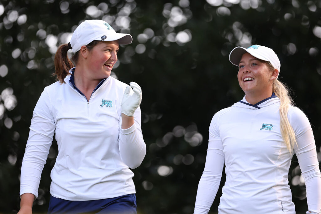 SUNNINGDALE, ENGLAND - AUGUST 30: Sara Byrne & Lottie Woad (L) of Great Britain & Ireland react during the Friday Foursomes on Match Day One of the Curtis Cup at Sunningdale Golf Club on August 30, 2024 in Sunningdale, England. (Photo by Oisin Keniry/R&A/R&A via Getty Images)