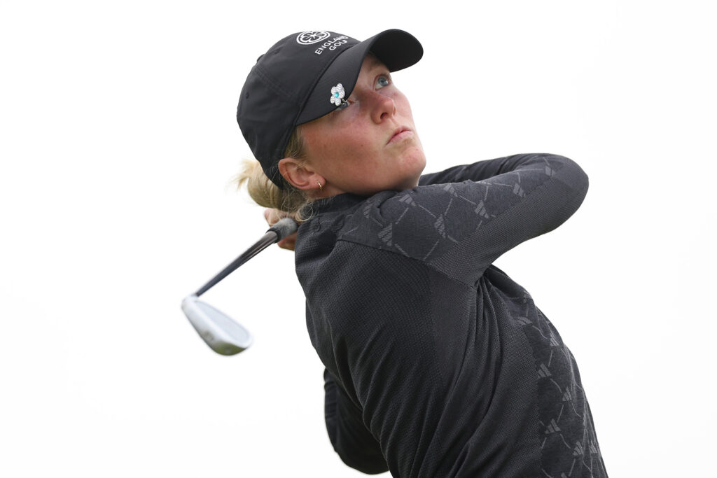 PORTMARNOCK, IRELAND - JUNE 25: Patience Rhodes of England tees off during day two of the Women's Amateur Championship at Portmarnock Golf Club on June 25, 2024 in Portmarnock, Ireland. (Photo by Oisin Keniry/R&A/R&A via Getty Images)
